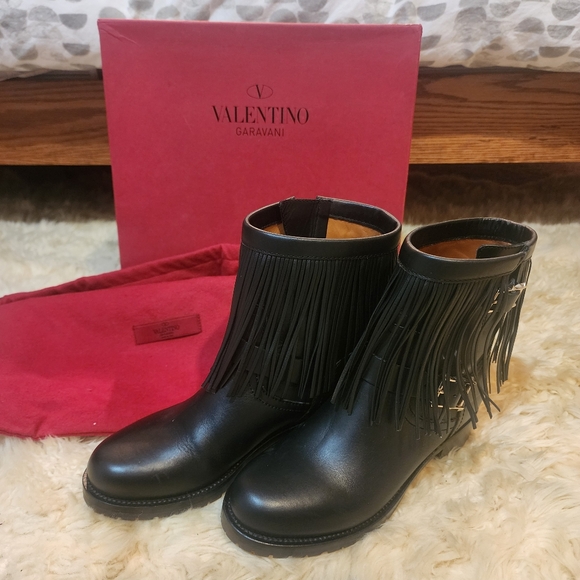 Valentino Garavani Shoes - Valentino Garavani Black Ankle Boots with Fringe